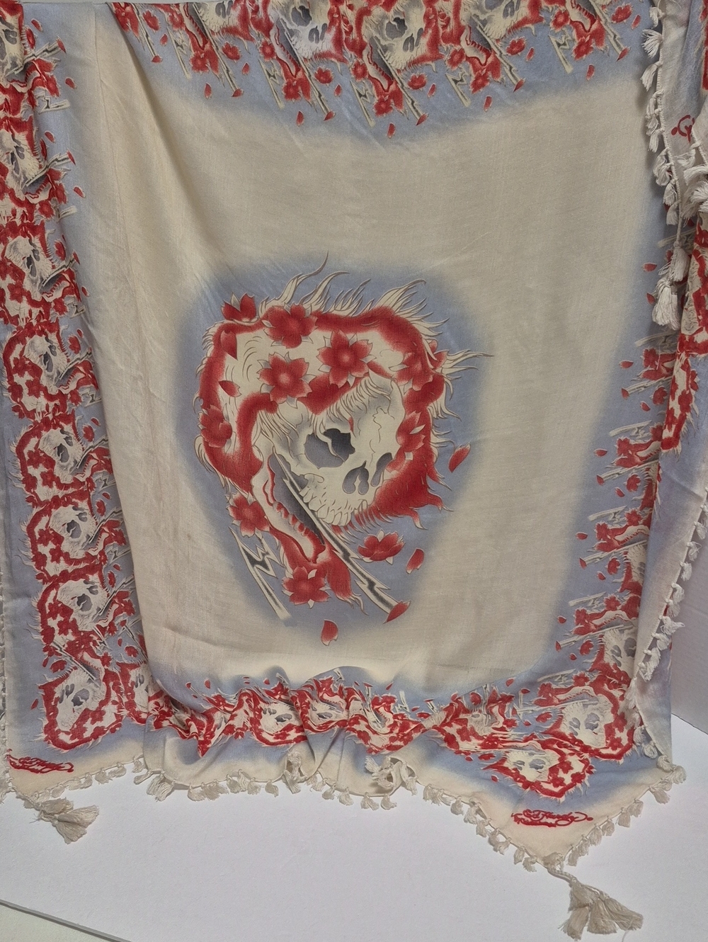VTG Authentic Ed Hardy Y2K Oversized Skull Tassel Scarf Grey Red Flawless 40x40